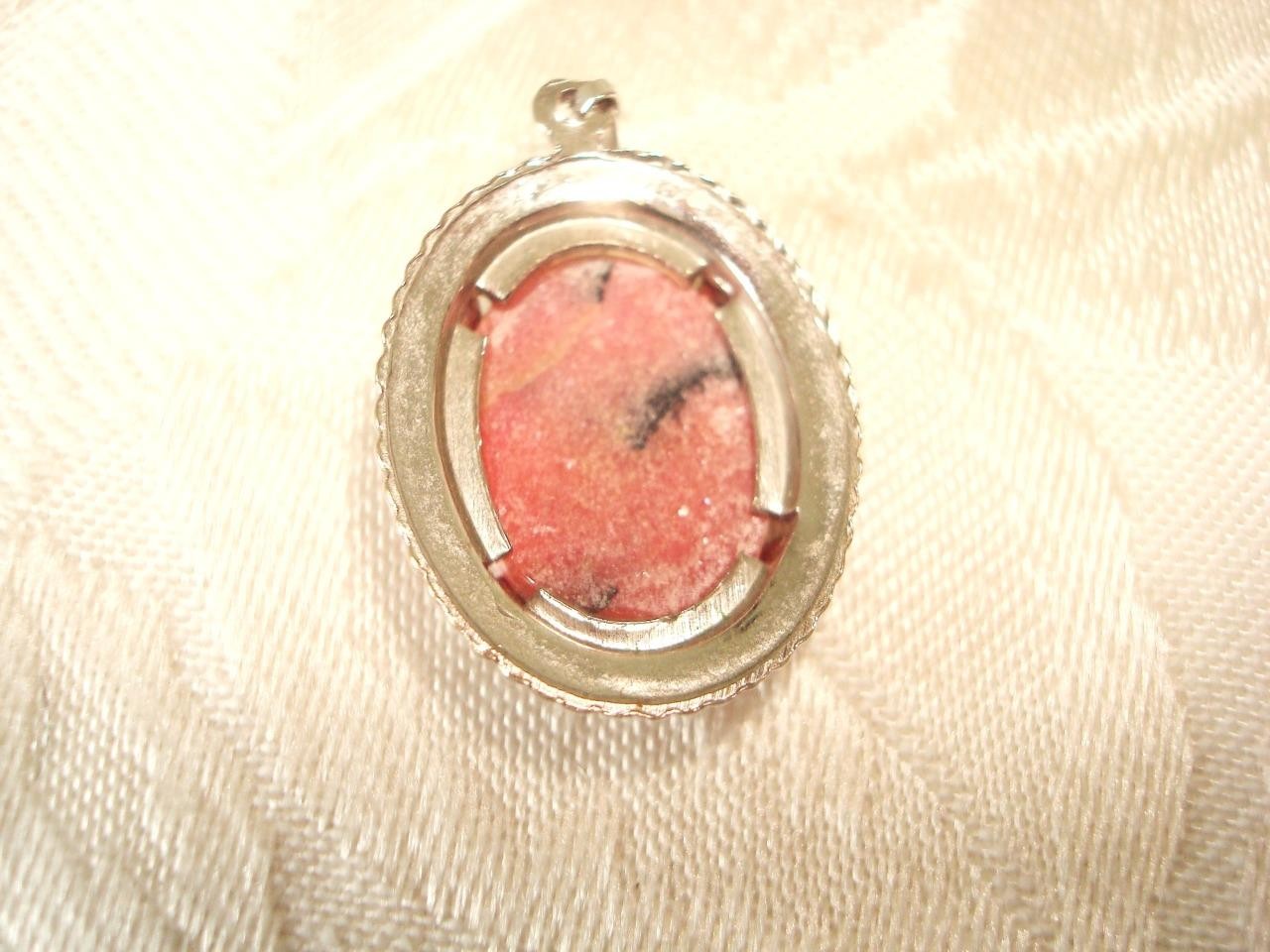 Vintage Silver tone Pendant With Marbled Pink Black Polished Stone 3/4 x 1 In.