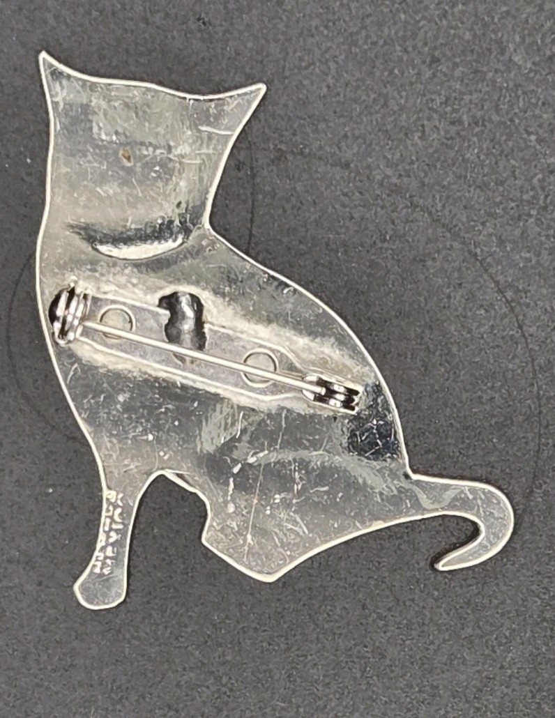 Vintage Alpaca Silver Abalone Inlay Cat Pin Marked Mexico Alpaca