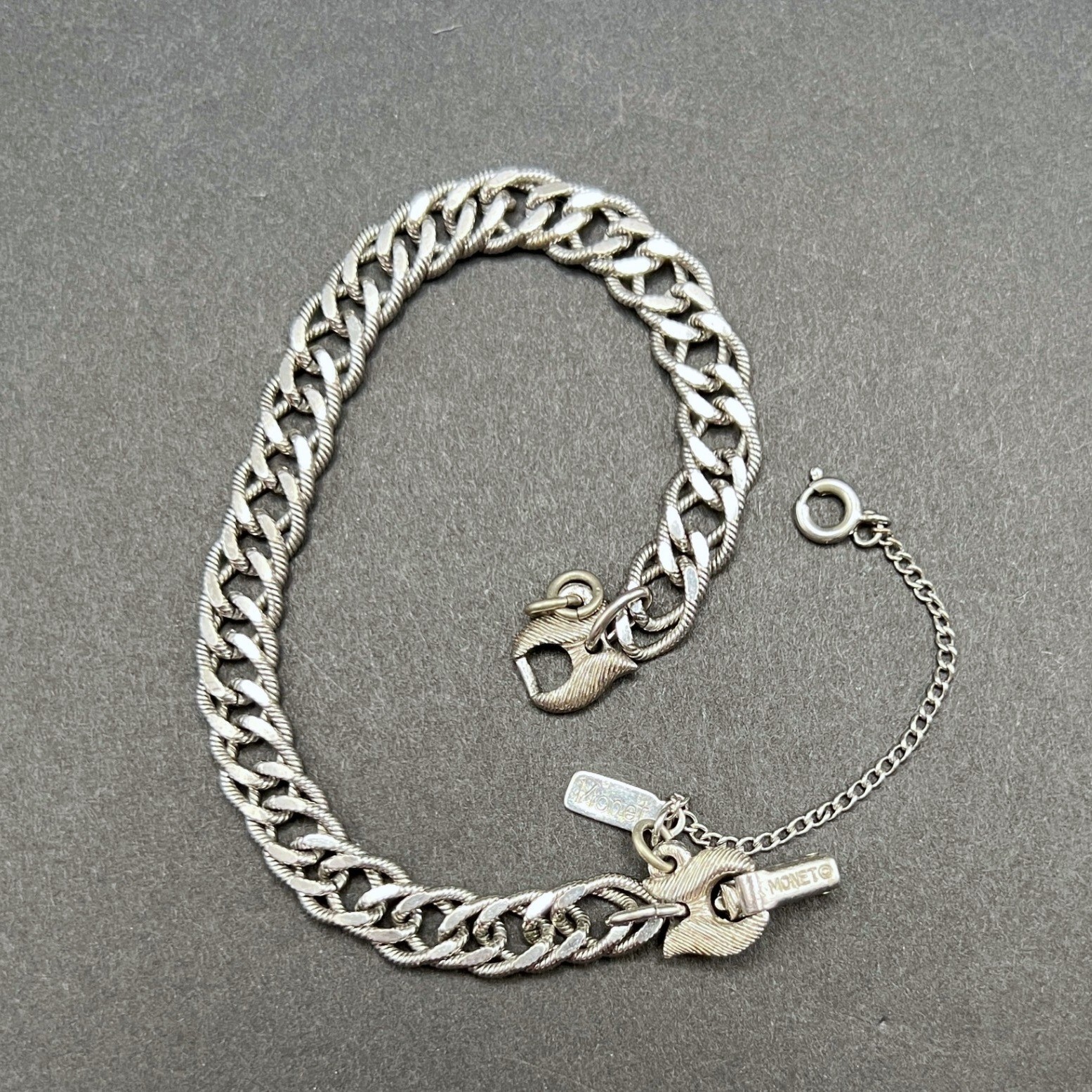 Vintage Monet Double Curb Link Bracelet Silver Tone Textured Safety Chain Signed