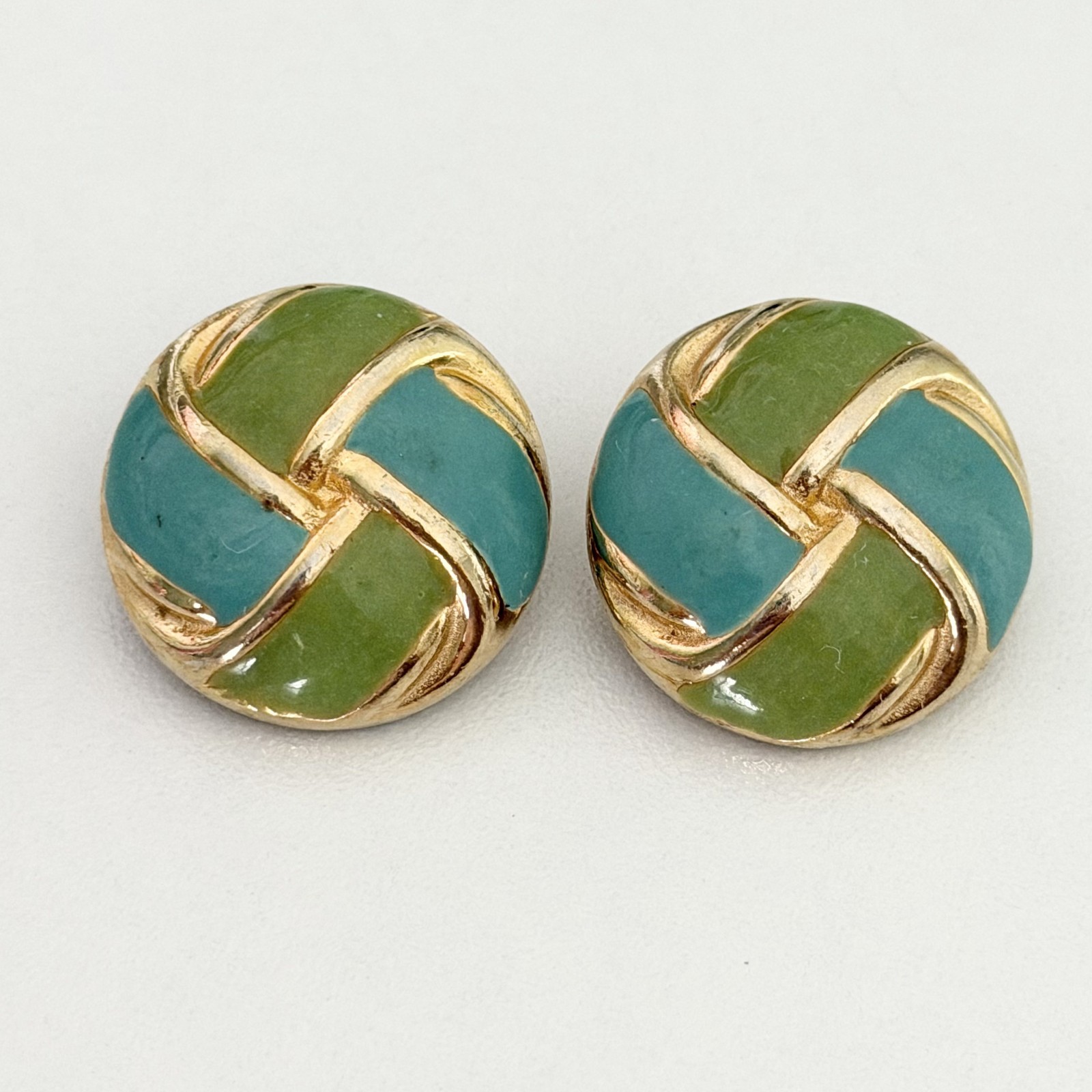 Vintage Gay Boyer Signed Green Blue Enamel Round Twist Clip On Earrings