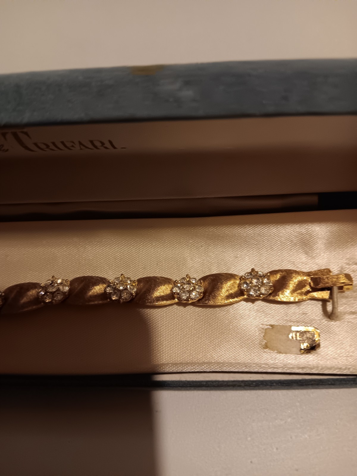 Vintage CROWN TRIFARI Birthday Ribbon Link Clear Rhinestone Bracelet-April!
