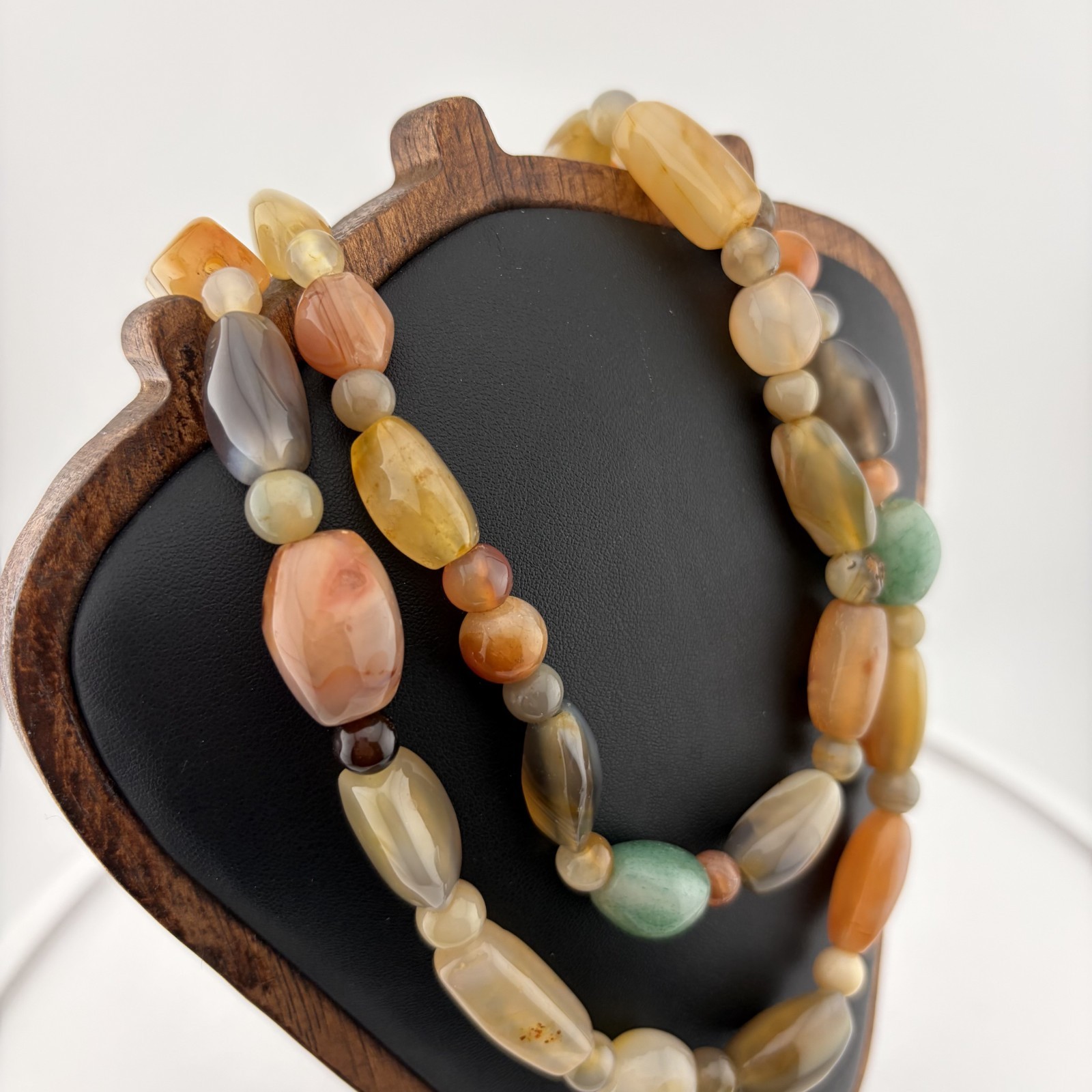 Vintage Beggar Beads Mixed Banded Agate Carnelian Stone Necklace Earthy Boho 17″