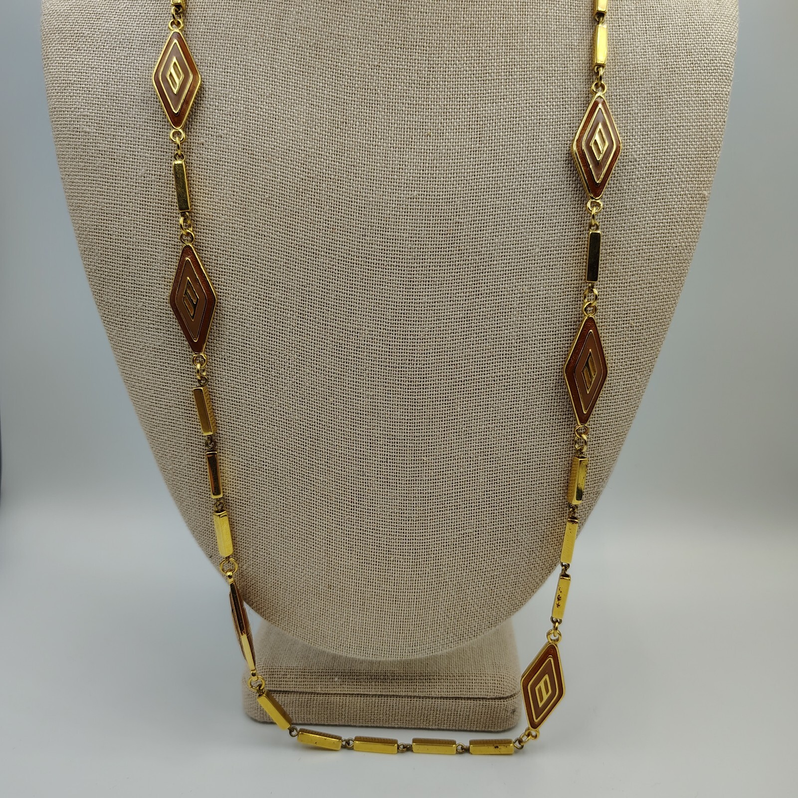 Vintage Orena Paris Gold Tone Enamoring Geometric Station Long Necklace