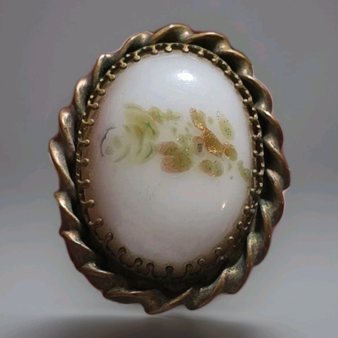 1850-1910 Antique Painted Floral Design Glitter Flowers Bouquet Goldtone Brooch