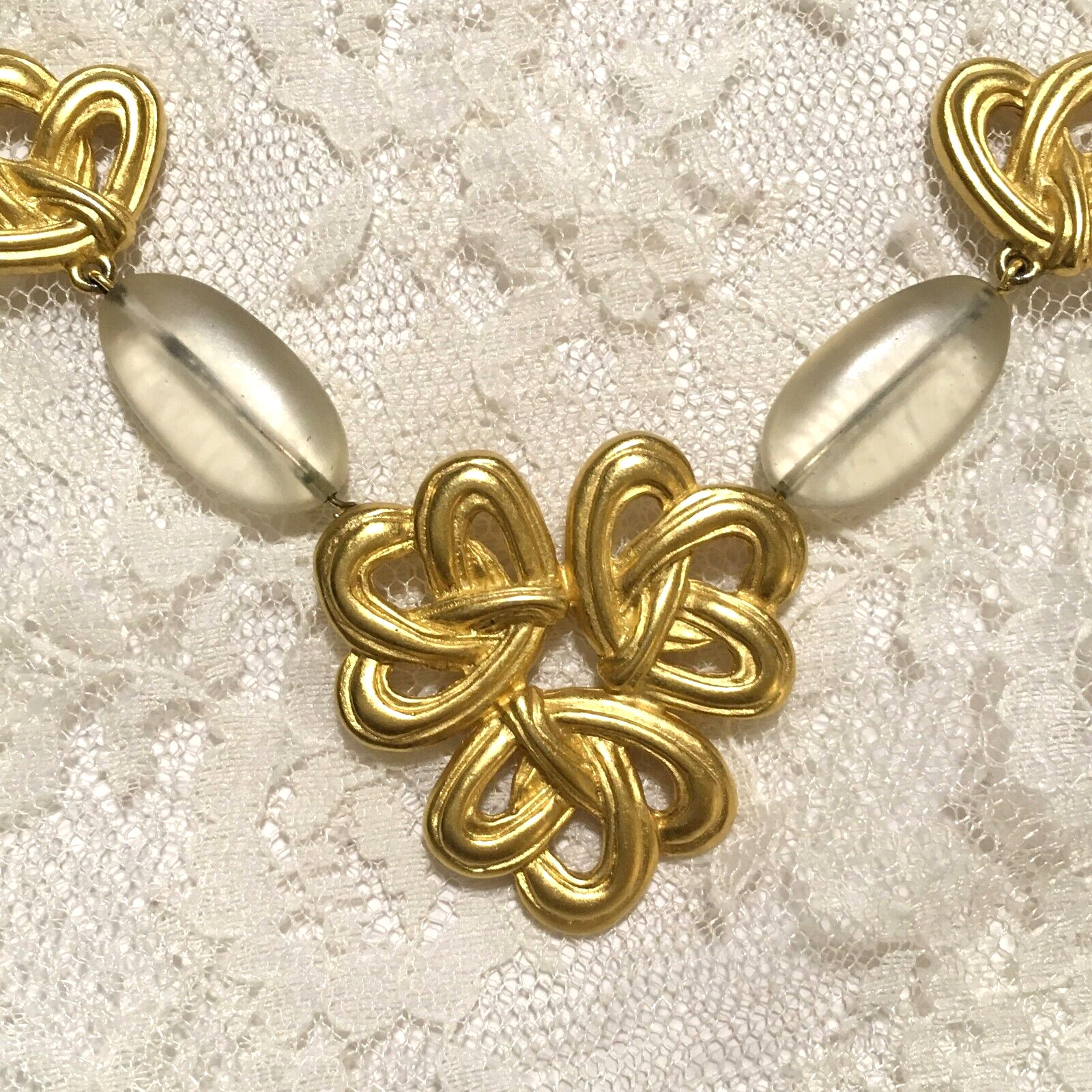 Gold Tone Clear Bead Statement Necklace Floral Open Design Round Links