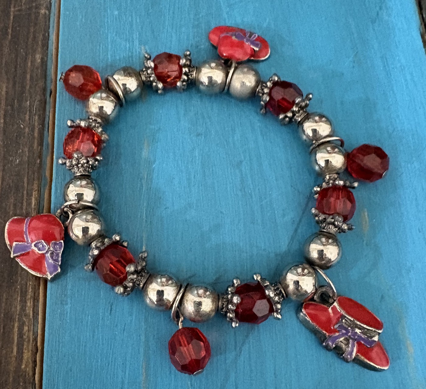 Vintage Red Hat Society Stretch Red and Silver Beaded Charm Bracelet