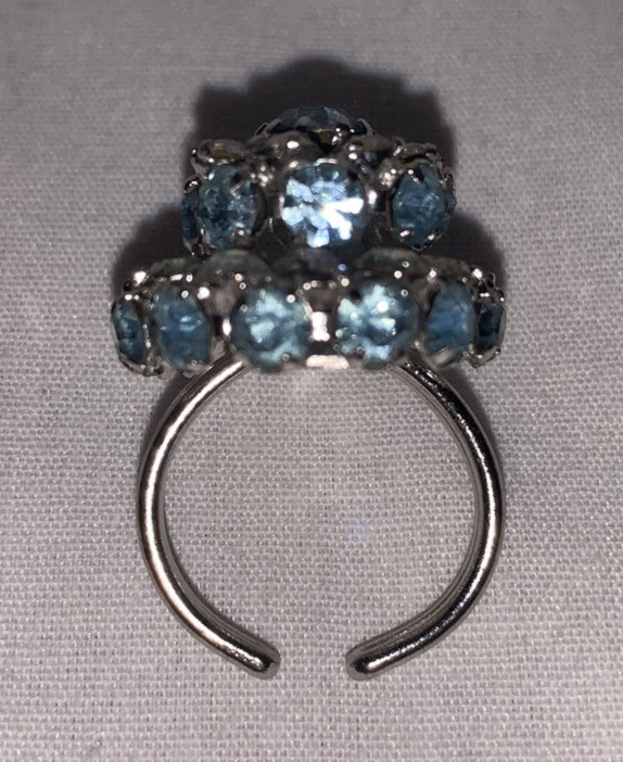Vintage Silver Tone & Clear/Blue Topaz Rhinestone “Wedding Cake” Ring-Adjustable