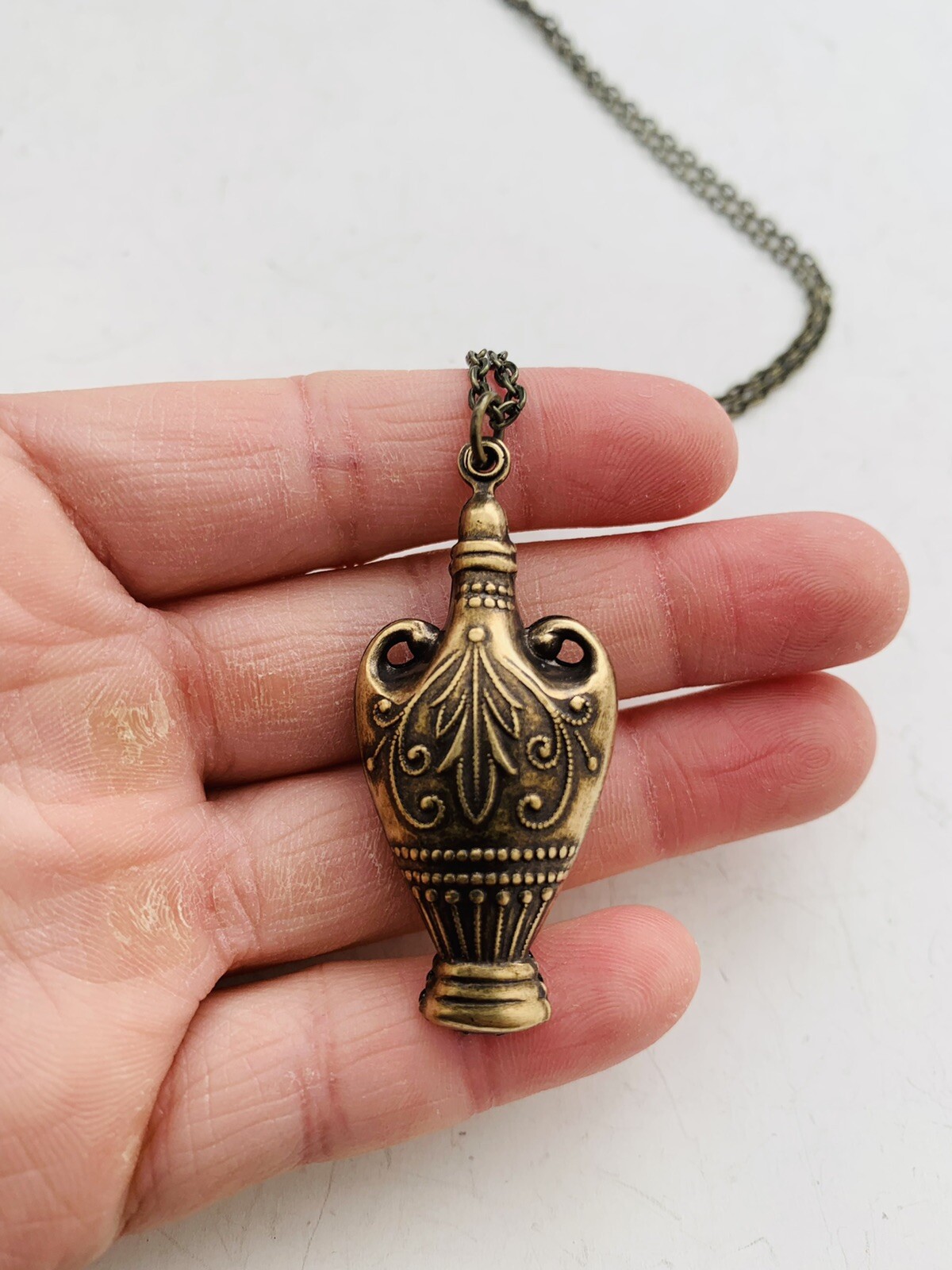Vintage Style Bronze Tone Egyptian Revival Intricate Vase Pendant Necklace