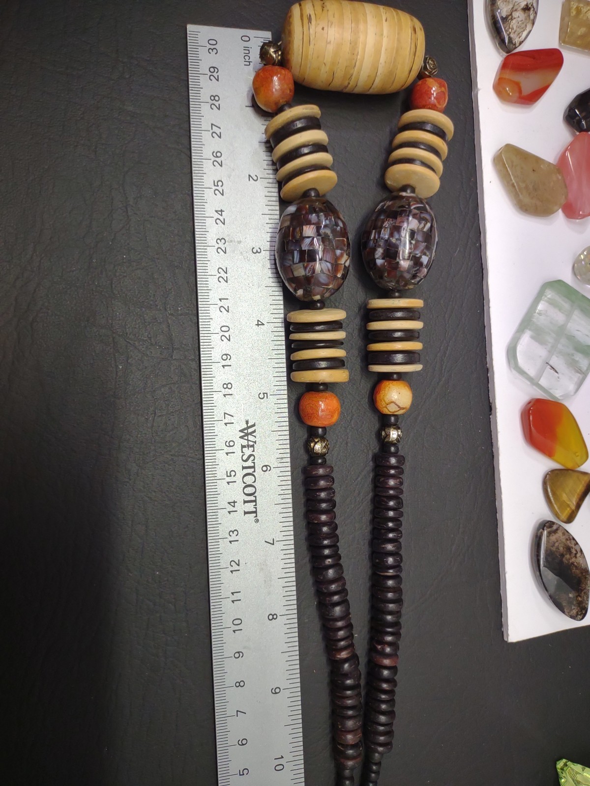 Vgt NEEDS REPAIR Boho Chunky Wooden Inlaid Abalone Shell Mosaic Beaded Necklace