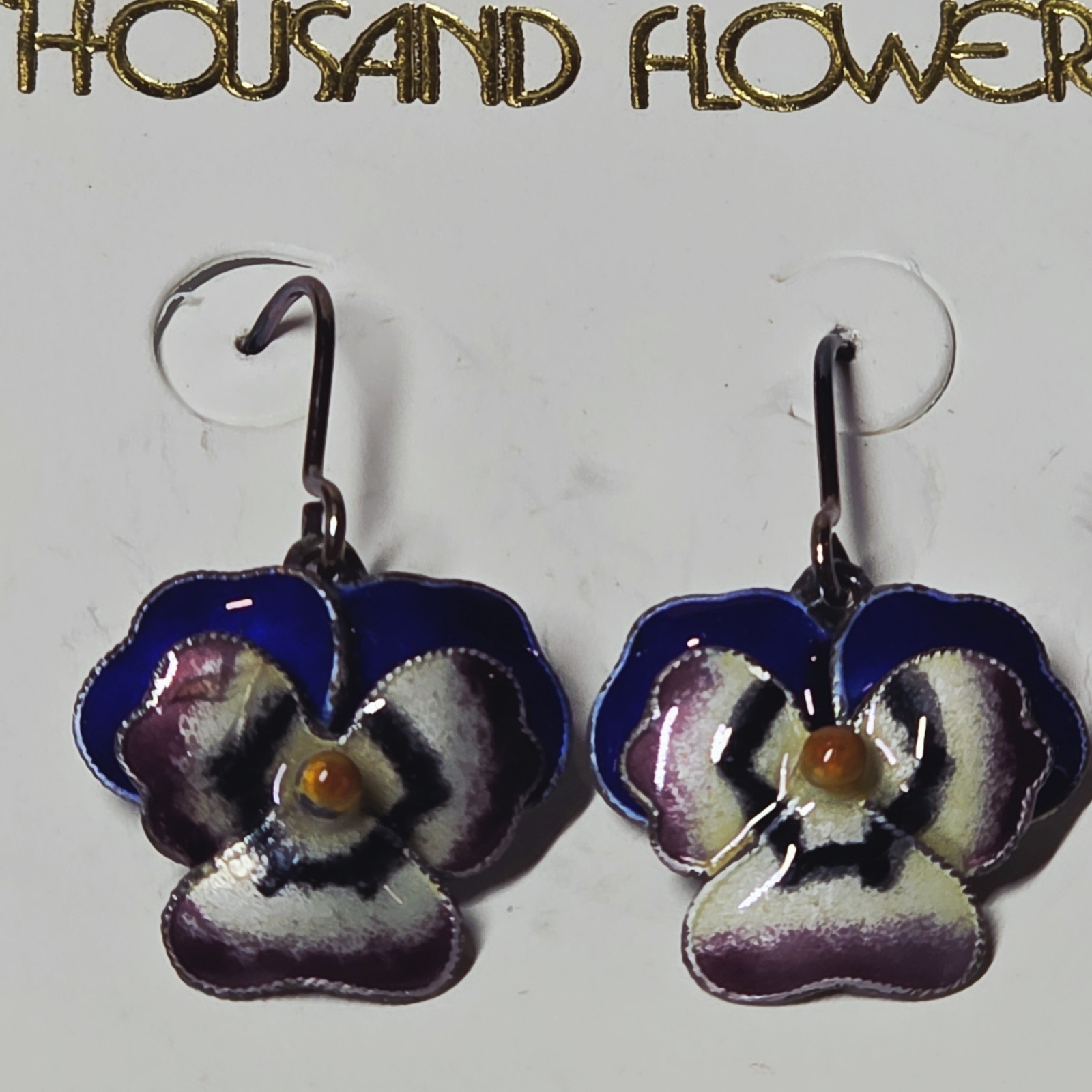 NEW Vintage Thousand Flowers Enamel Pansy Flower Sterling Silver Wire Earrings