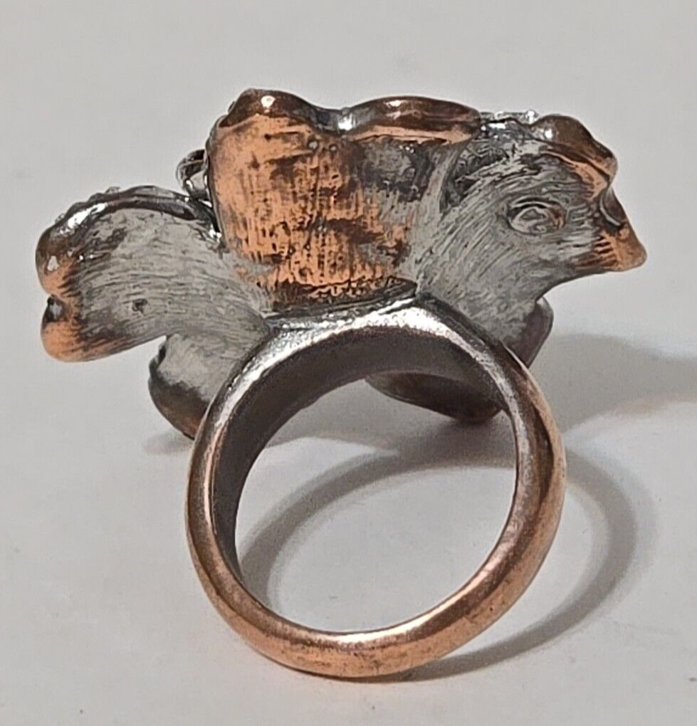 RA Robert Allison Black Enamel Faux Pearl Rhinestone Copper Pewter Ring