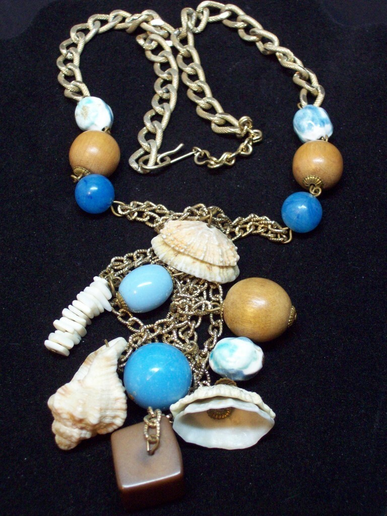 Real Shell Blue Ceramic Wood Beads Chain Necklace Vintage Boho Gold Tone Tassel