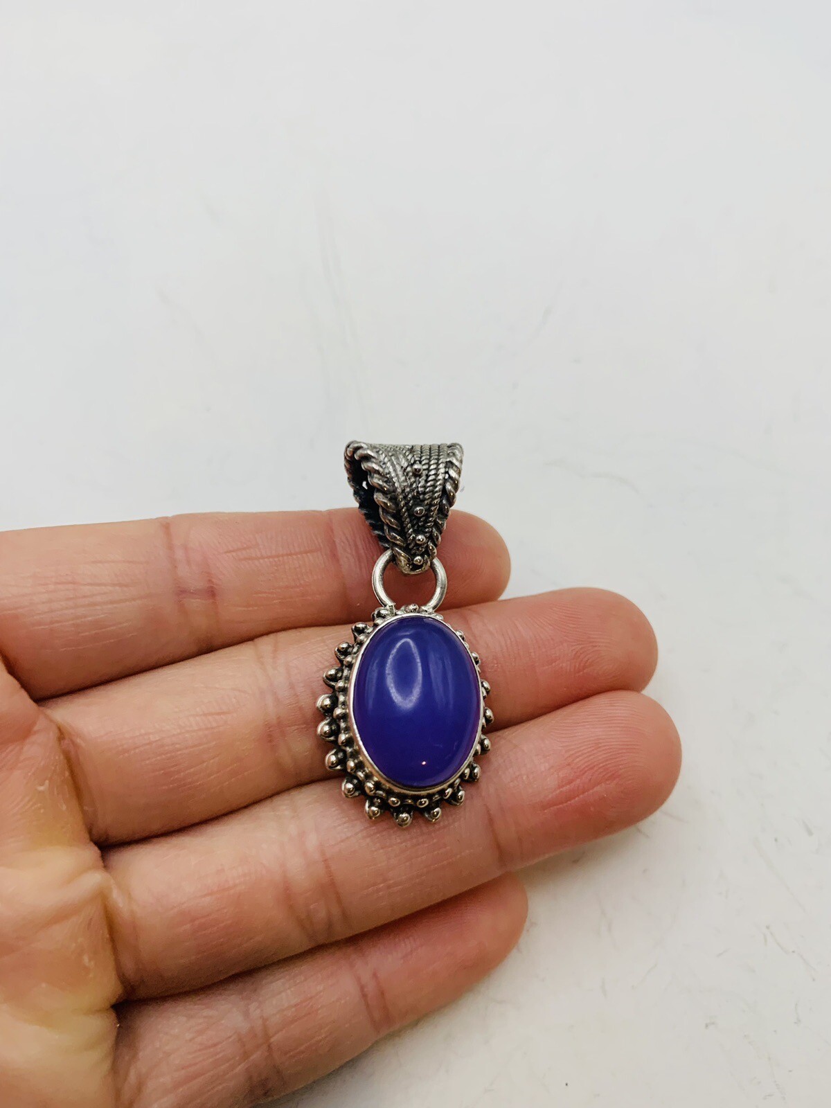 Vintage Sterling Silver Bohemian Purple Blue Oval Dainty Natural Stone Pendant
