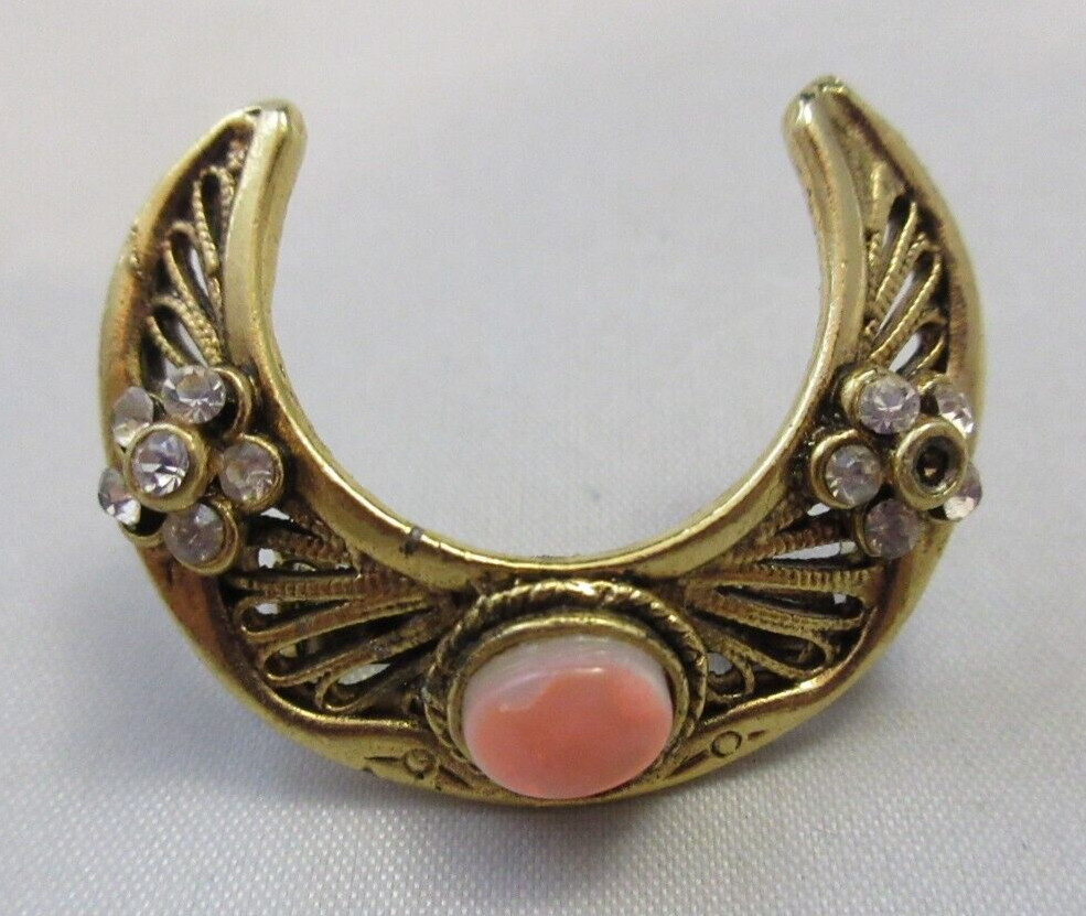 Vintage Tacoa Signed Crescent Moon Shape Clear Rhinestone Pink Cab Brooch