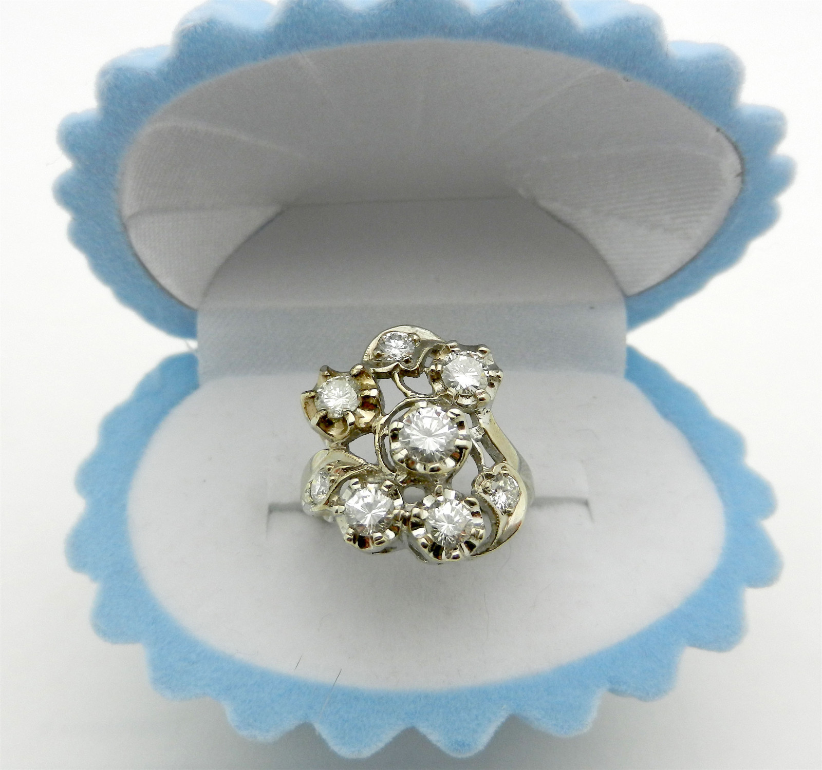 Vintage Art Deco 14k White Gold Cluster Natural Diamonds 1.25 ct Cocktail Ring