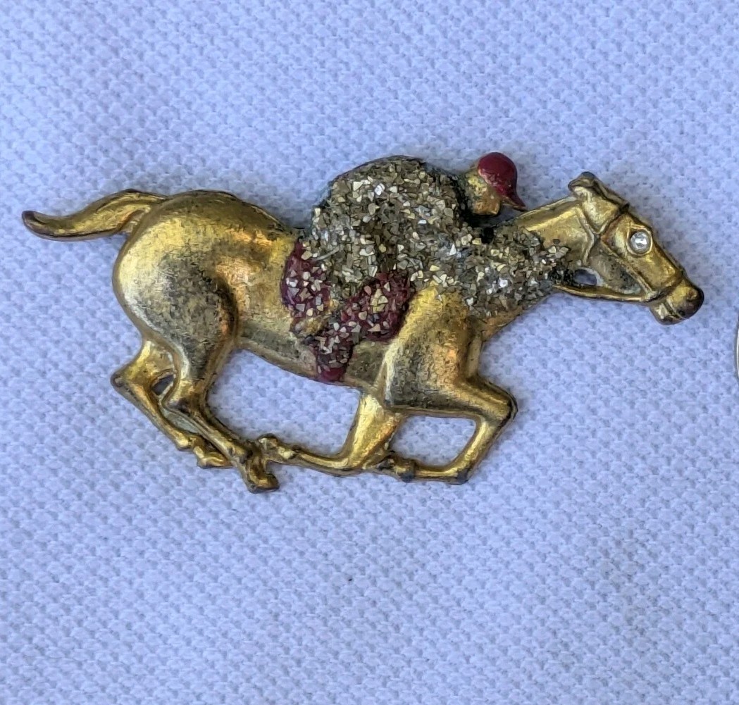 Antique Glass Glitter on Brass Race Horse & Jockey Brooch Pin C Clasp AS IS D92