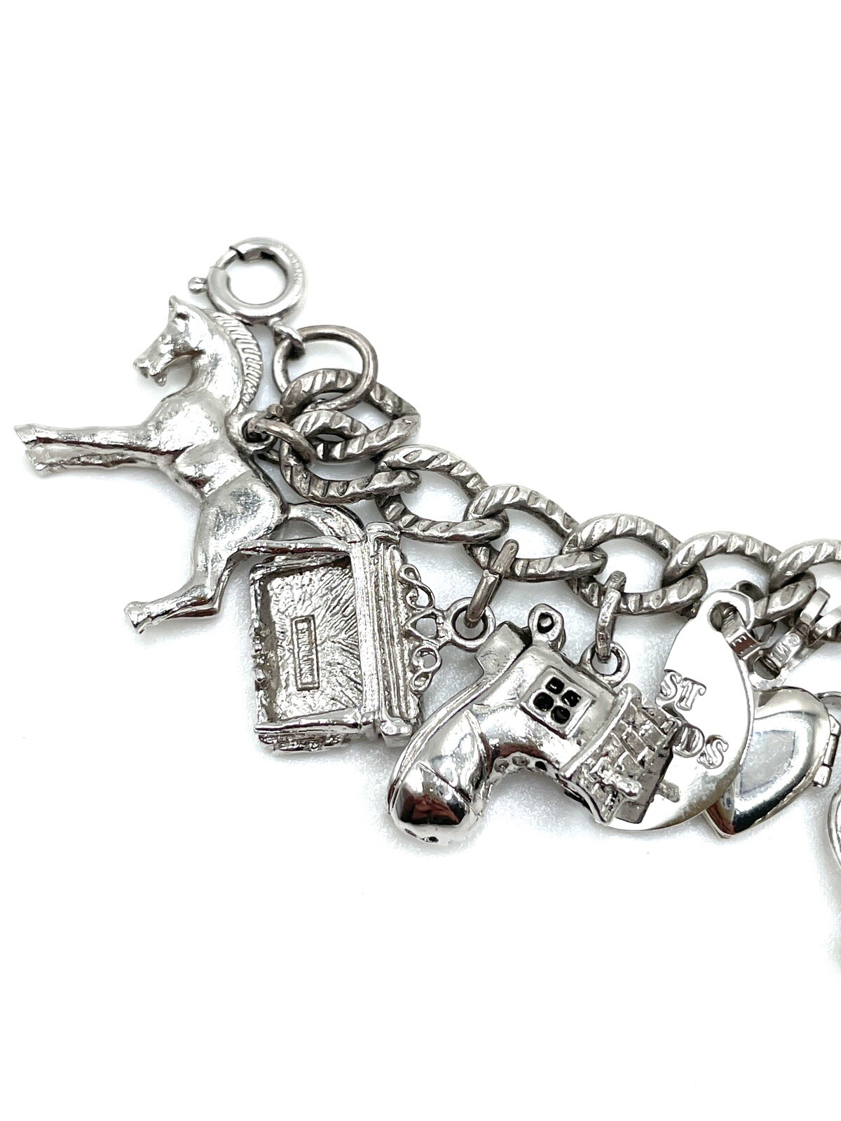 Monet Sterling Silver Articulated Figural Crystal Charm Bracelet 61.5g Vintage