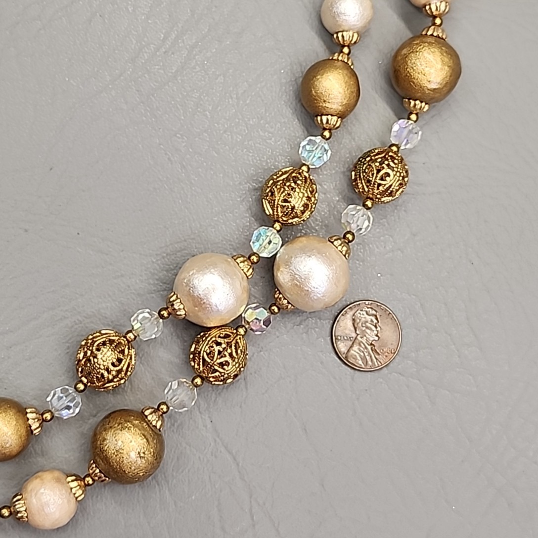 Vintage Beaded Necklace AB Cream Gold Tone Filigree Balls Layered 16″