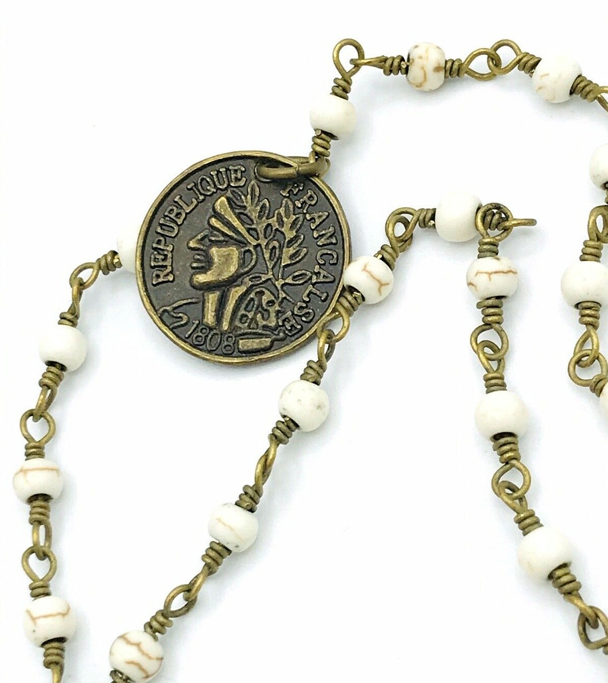 Vintage Beaded Rosary Style Republique Francais 1808 Coin Charm Necklace