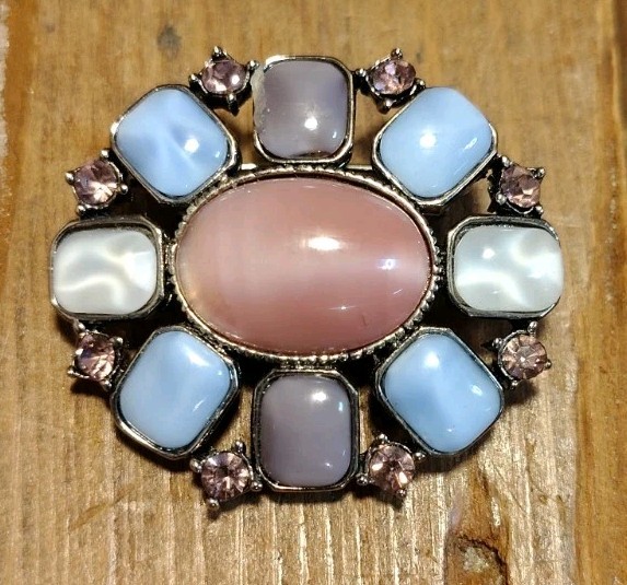 Vintage Liz Claiborne Rhinestone Brooch Purple Pink White Signed LC
