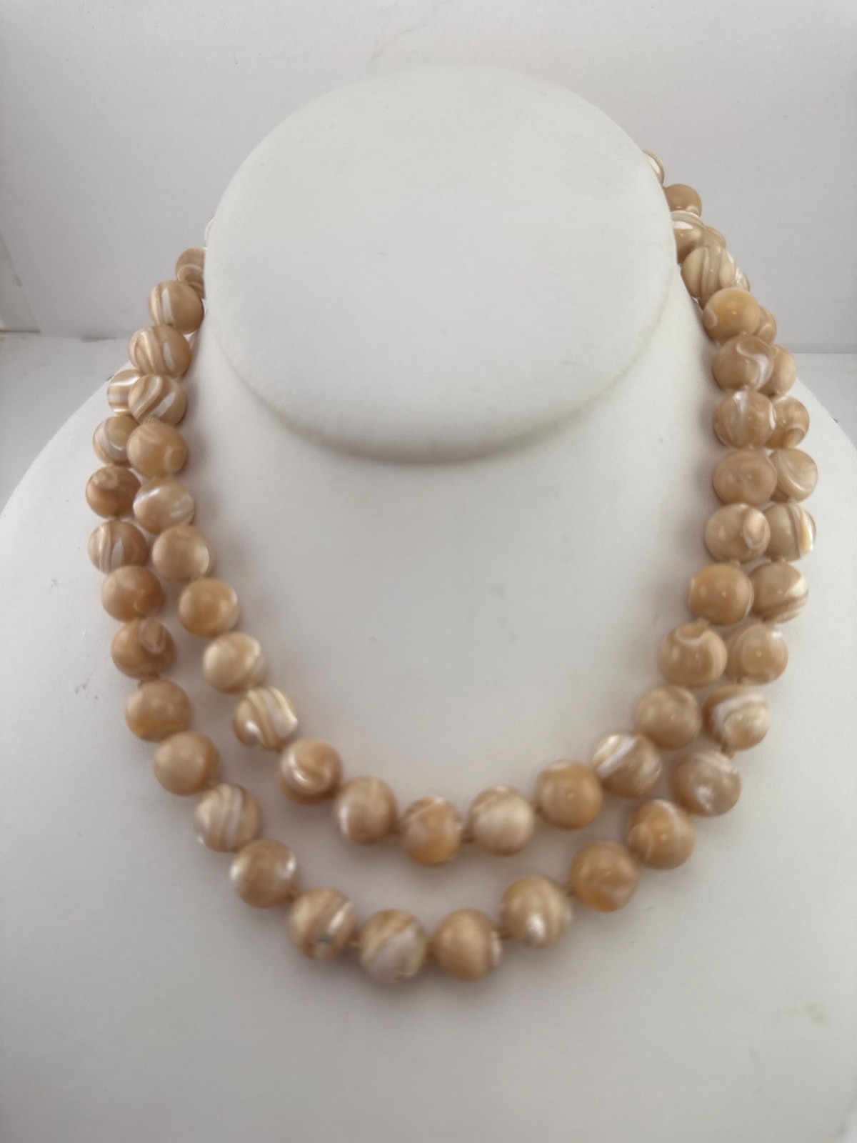 Vintage Beige Swirl Bead Necklace Double Strand Retro Costume Jewelry