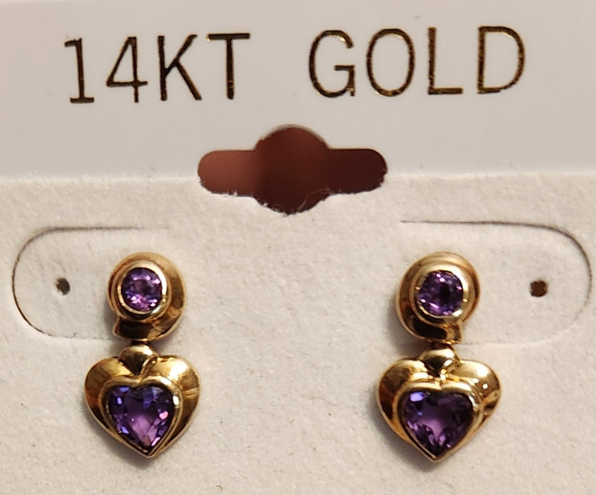 Vintage 14k Yellow Gold Drop Earrings – Heart & Round Bezel Set Amethyst Stones