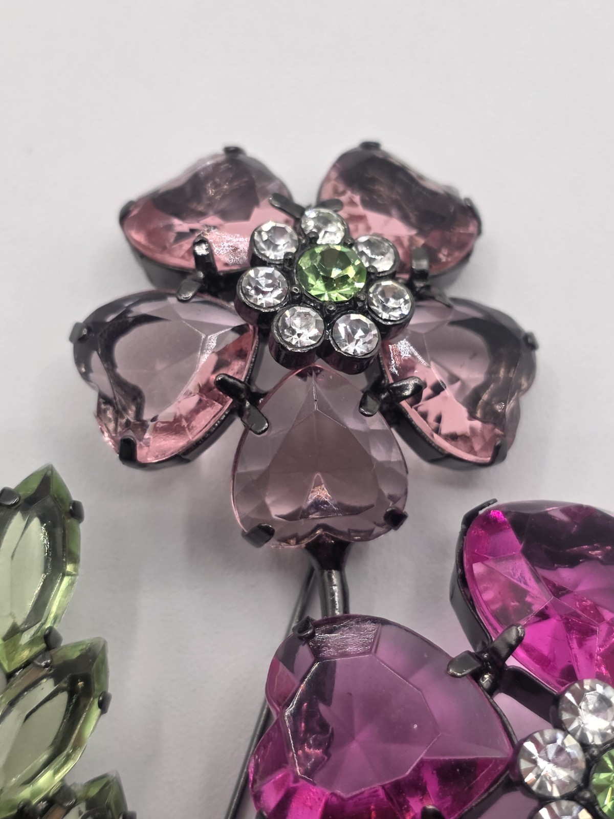 Double Flower Pink And Green Lucite Brooch, Black (Japaned) Colored Metal