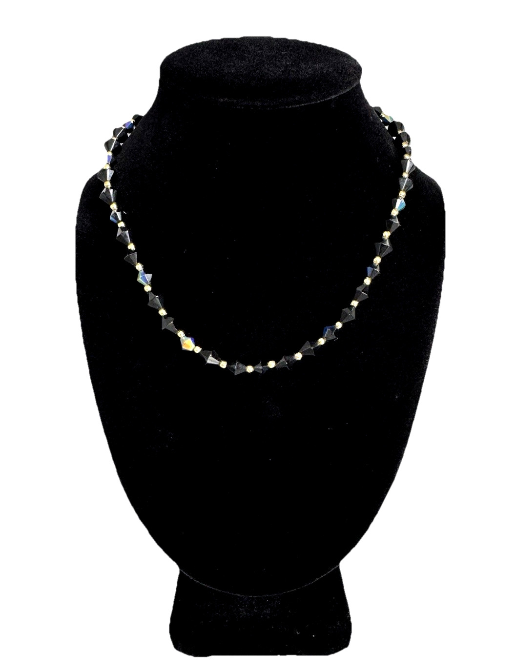 Vintage Bicone Cut Black Aurora Borealis Crystal Bead Gold Tone Accent Necklace