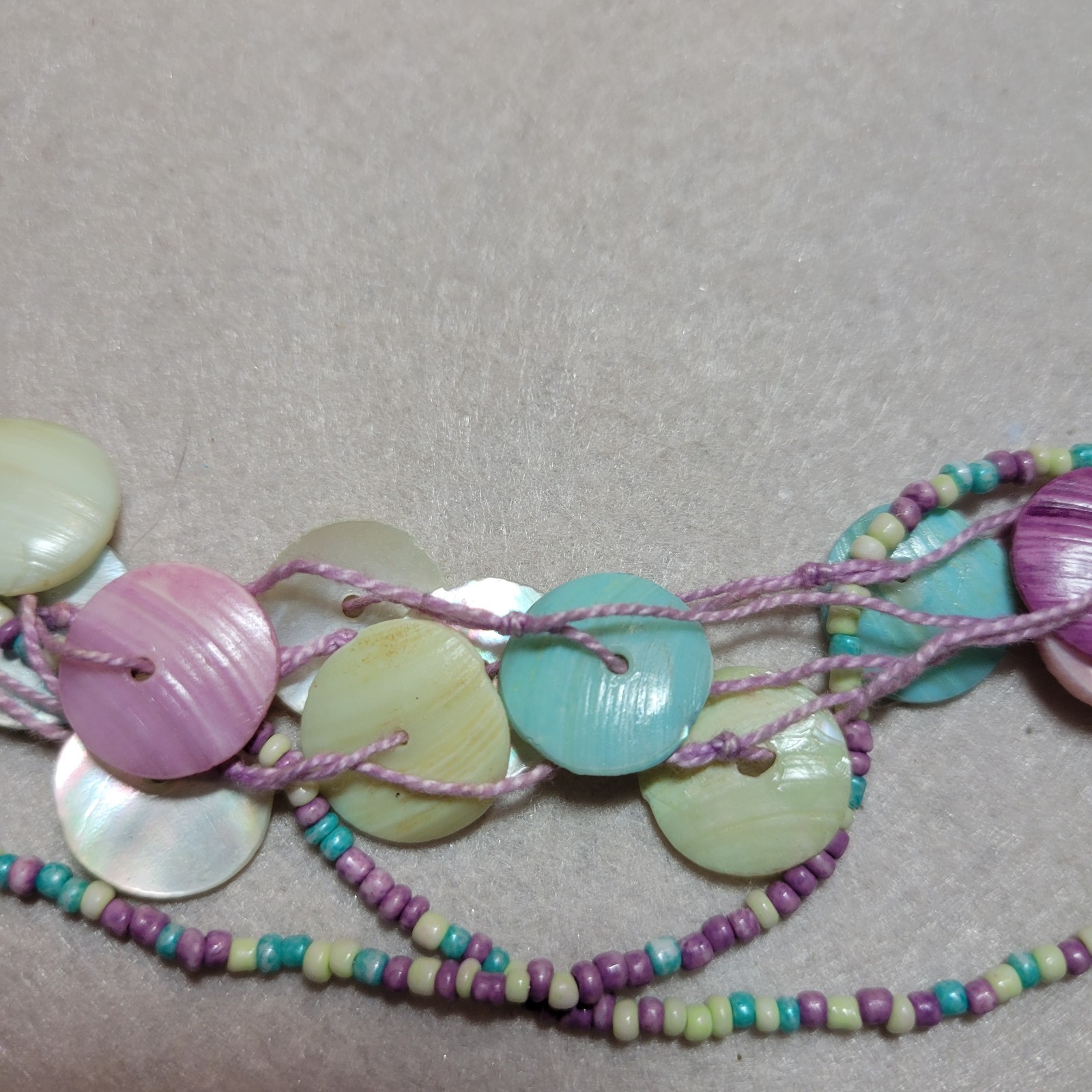 Vintage Pastel Shell & Beads Layered Necklace Pink Blue Green Ocean Boho Mermaid