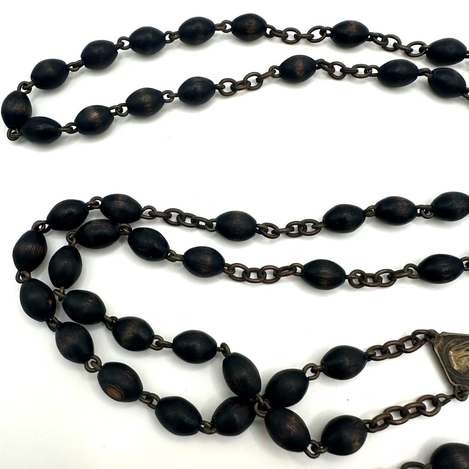 Antique Catholic brass black ebony beads beaded rosary prayer necklace