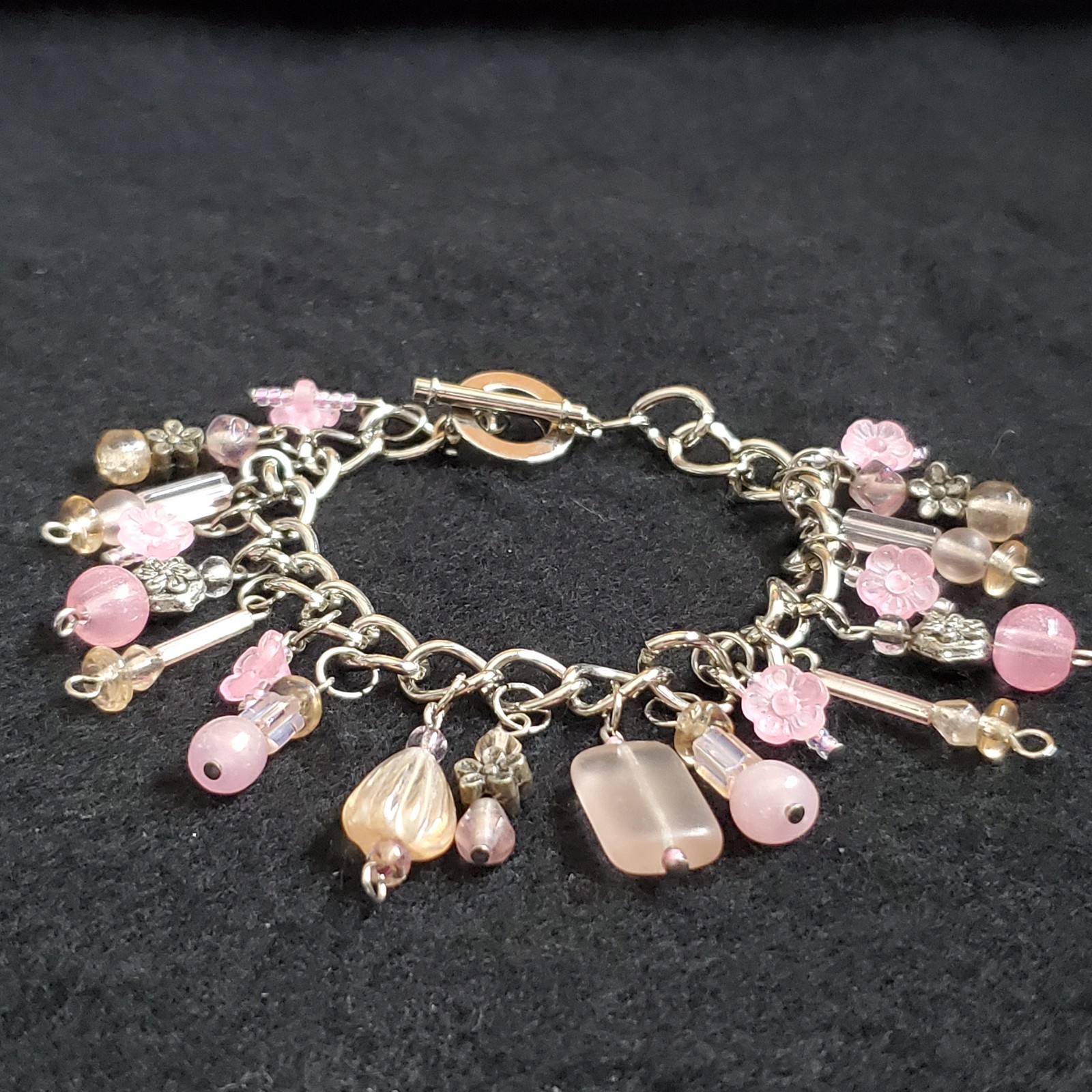 Charm Bracelet Silver Tone Pink Dangle Beads 6.5″