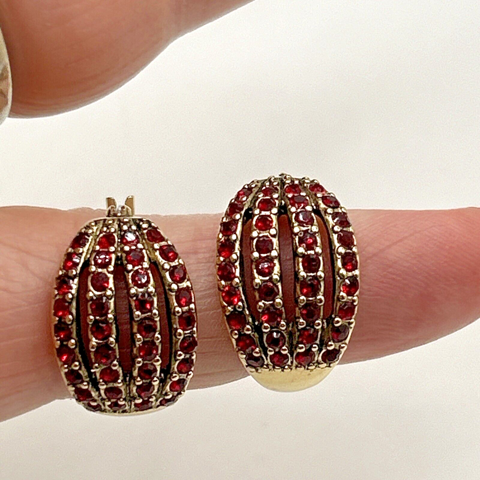 Vintage Monet Gold Plated Disc Earrings Red Crystal Post Earrings Pre/Post 1950