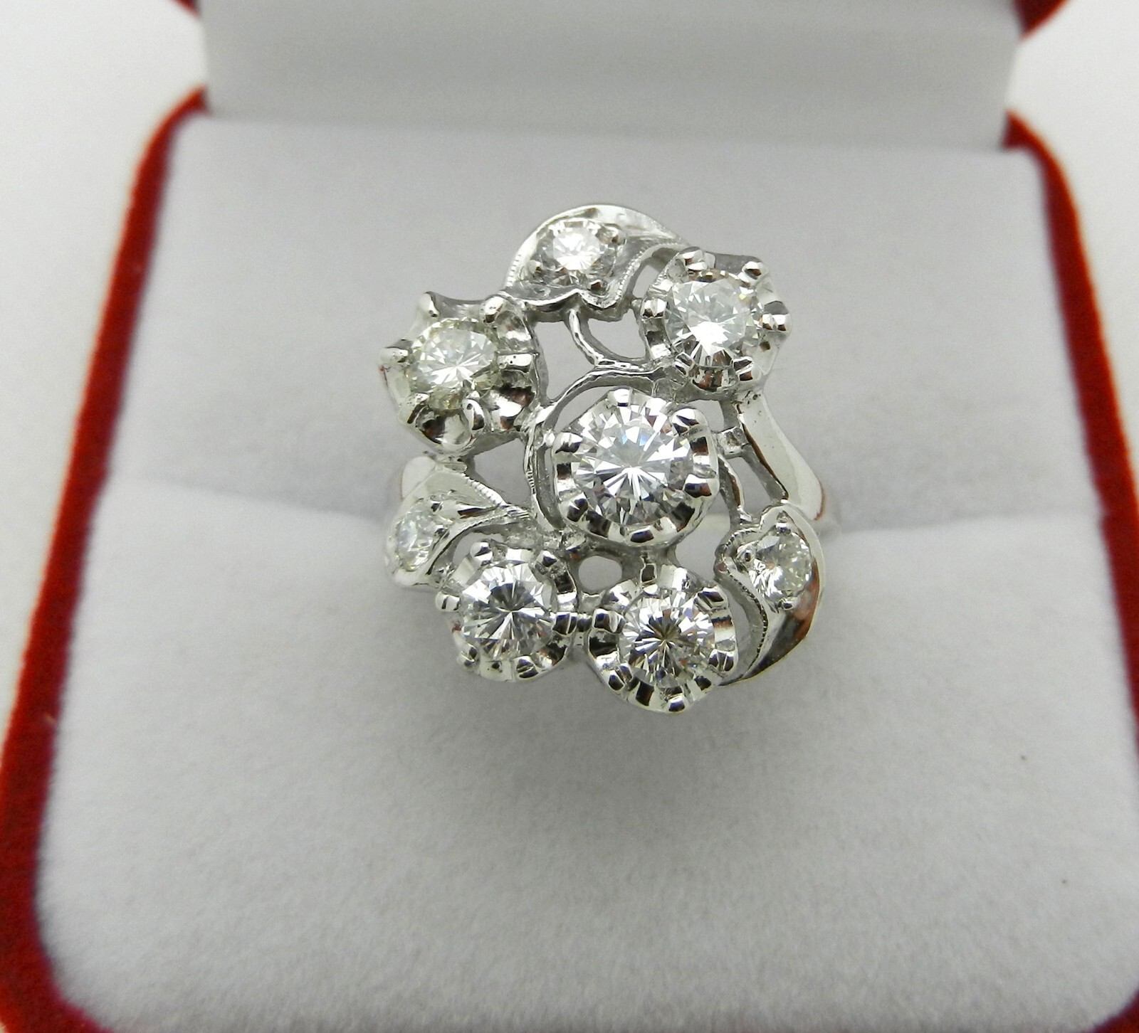 Vintage Art Deco 14k White Gold Cluster Natural Diamonds 1.25 ct Cocktail Ring