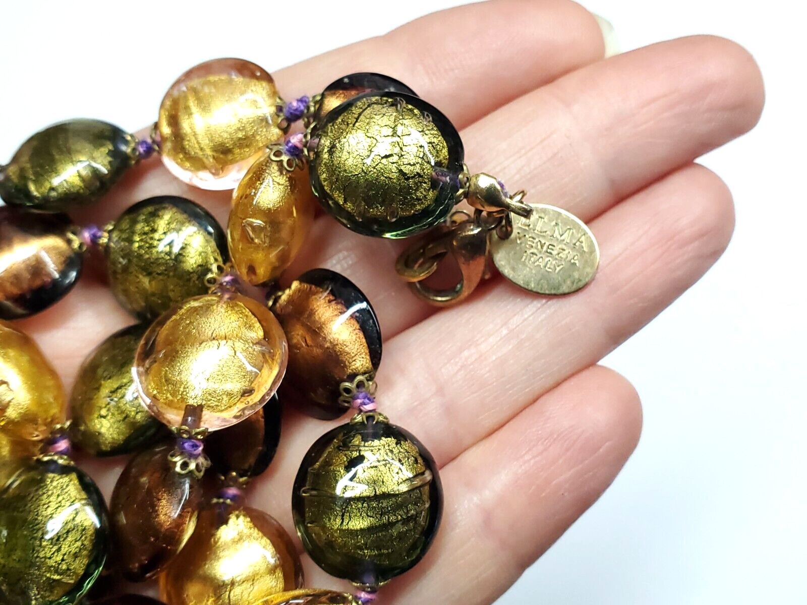 Vintage Signed Elma Venezia Italy Art Foil Glass Green Brown Gold Long Necklace