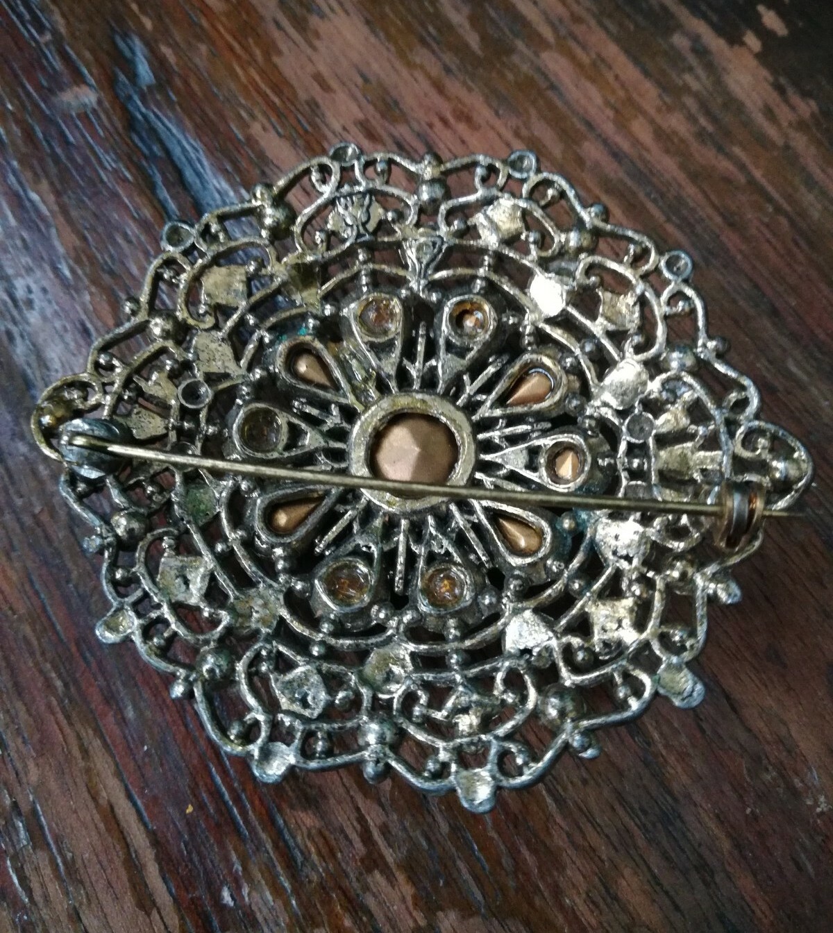 New England Glass Works Antique Brooch Pin Shades of Blue Rhinestones Filigree