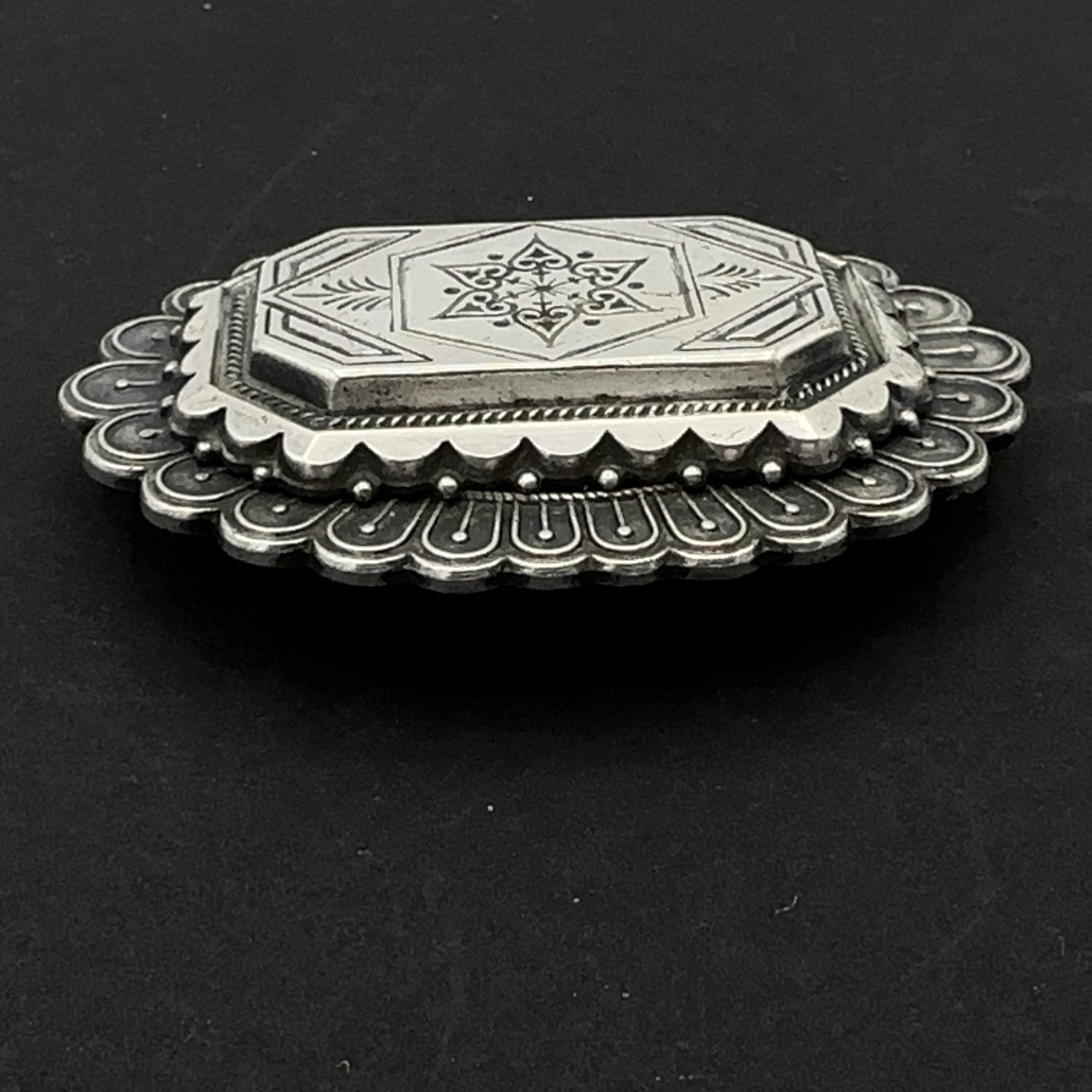 VICTORIAN REVIVAL vintage brooch – layered silver-tone pin – big 2″ x 1.5″ heavy