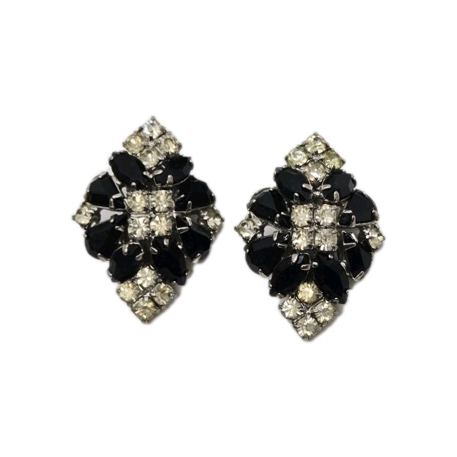 Art Deco Clip on Earrings Lot Set of 2 Black with White Crystal Silver Tone Vtg