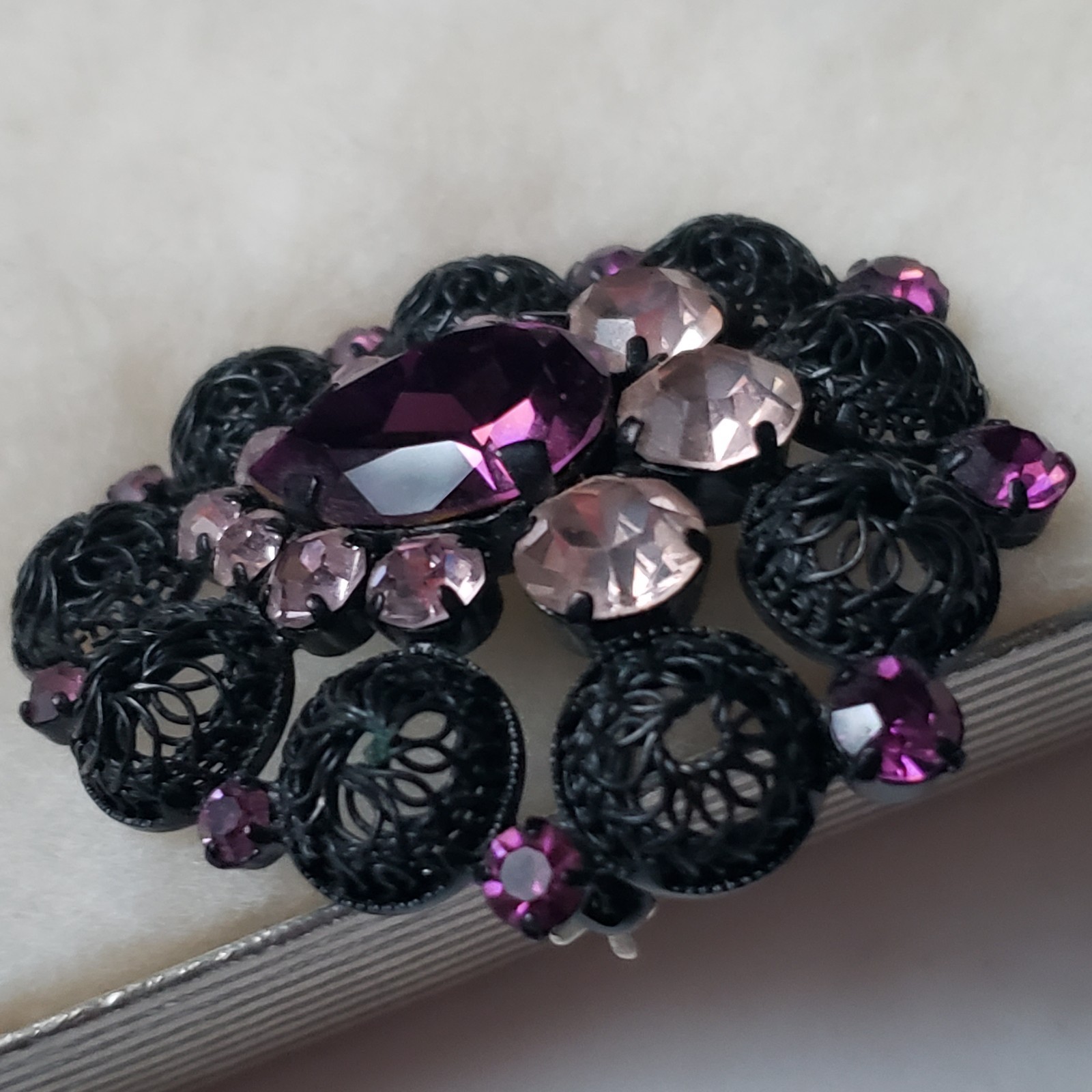 Vtg Filigree Brooch Purple Teardrop Stone Pink Mid-Century Japanned Gunmetal