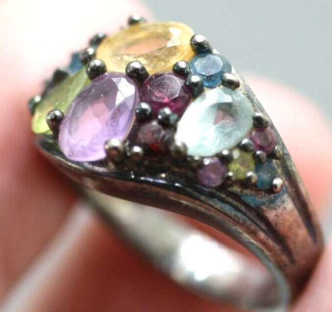 Sterling silver 925 multi color red purple blue multi gemstone ring band size 7