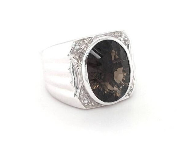 BROWN TOPAZ AND DIAMOND RING SIZE 10 STERLING SILVER 15 GRAMS MENS APPROX. 12 CT