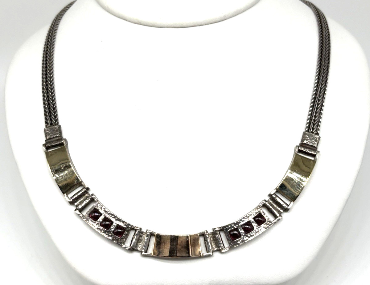 Italy Necklace Modernist Garnets Red Mesh Chain Sterling Silver Gold Plate Heavy