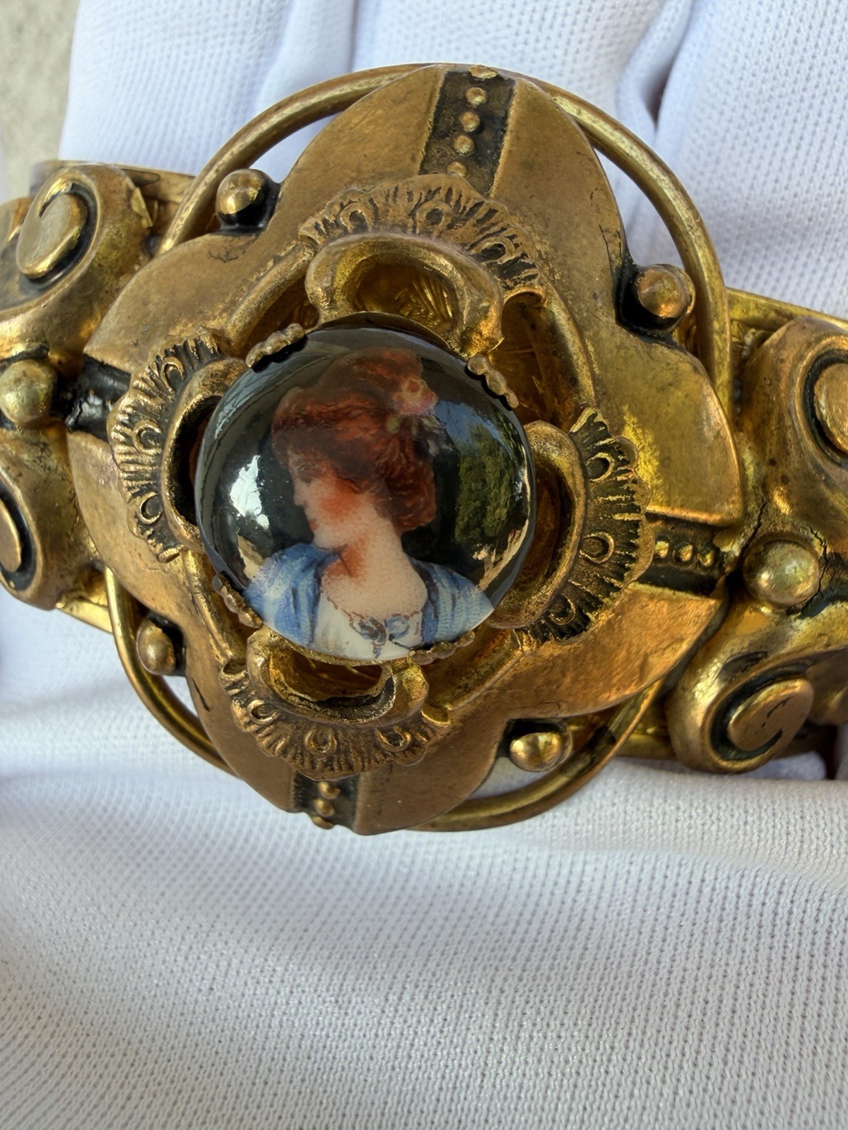Antique Victorian Porcelain Miniature Portrait Bangle Cuff Bracelet C. 1900