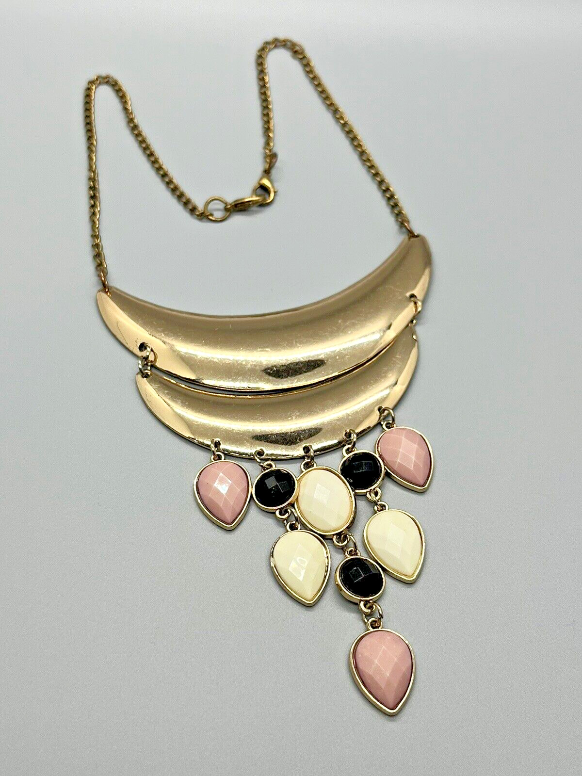 Gold Bib Vintage Necklace with Pink, Black and Ivory Cabochons – 18 Inches