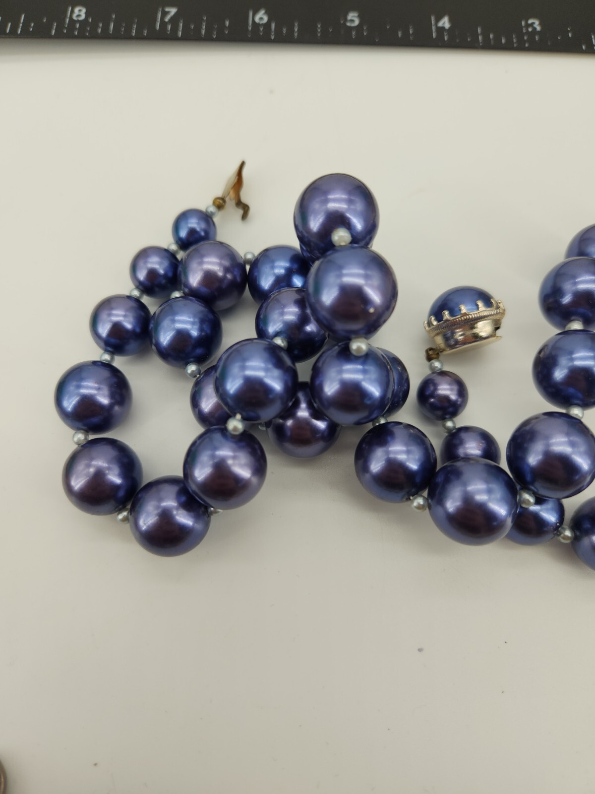 Vintage Blue Iridescent Strung Larger Faux Pearl Necklace Box Tab Closure JAPAN