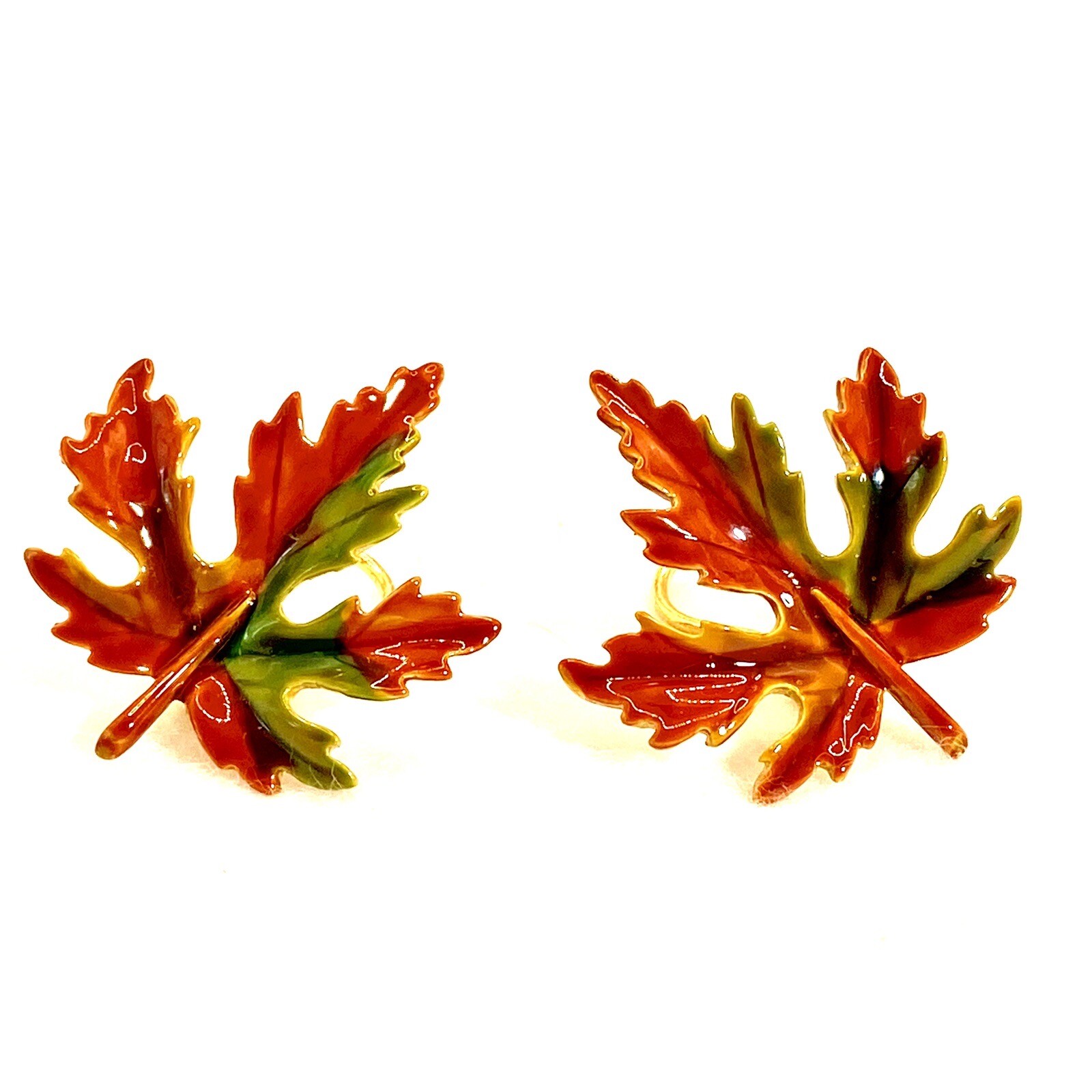 Vtg GoldTone Unmarked Brooch ClipOn Earrings 3D Fall Colors Leaves Unique Rare C