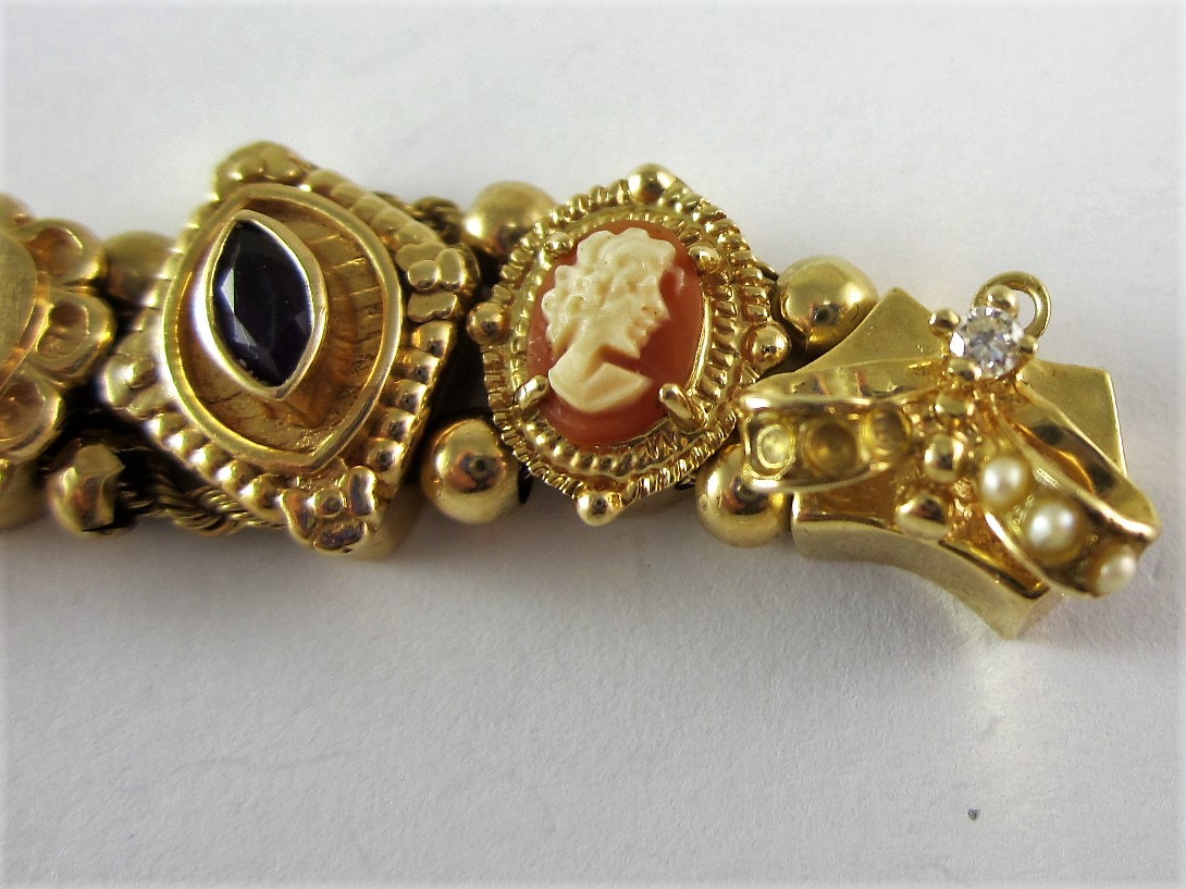 14K RICHARD KLEIN KLJCI GEMSTONE 13-SLIDE CHARM BRACELET 43.1G