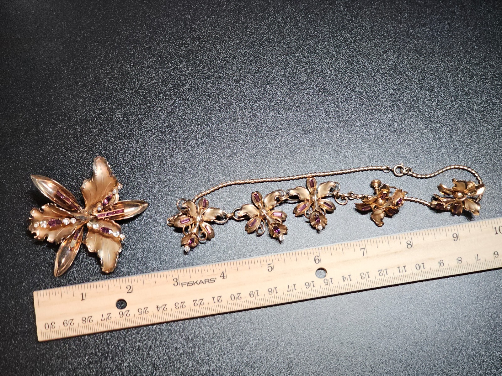 Vtg Goldtone ORCHID Flower Purple Rhinestone Parure Brooch Pin Necklace Earrings