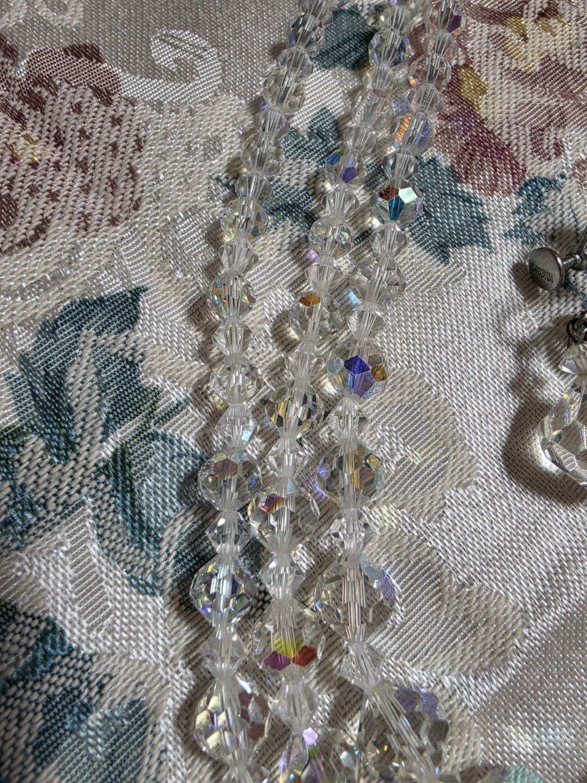 Vintage Triple Strand Graduated AB Faceted Crystals & Earrings Set Adj Necklace
