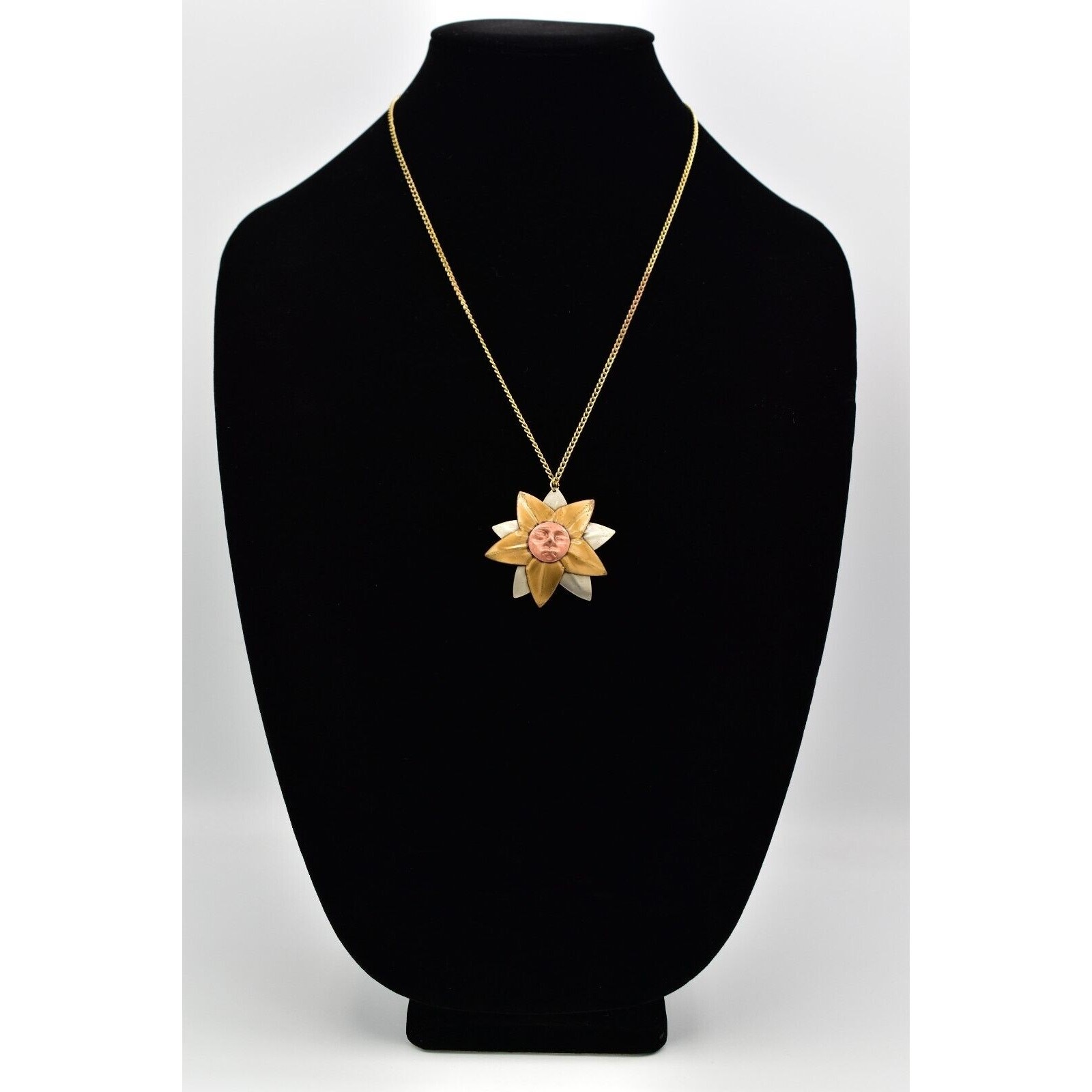 Vintage Sun Flower Pendant Necklace Copper Gold Silver Mixed Metal 1970s BinBH