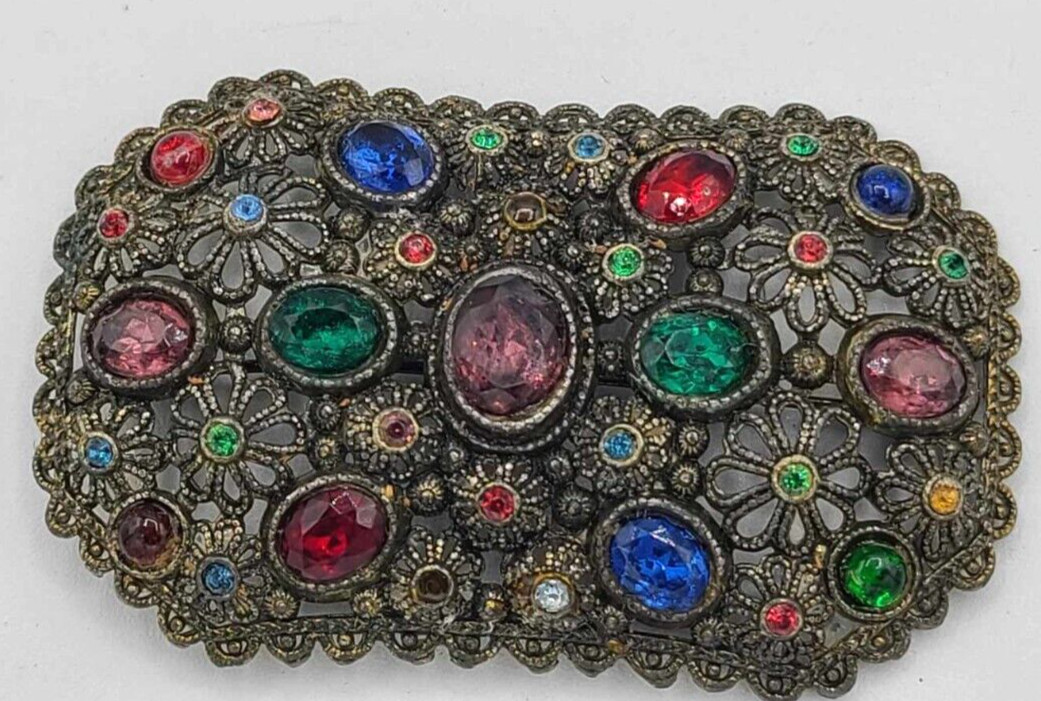 Vtg 1940s New England Glass Works Brooch Pin Floral Design Faceted Stones ~3″L